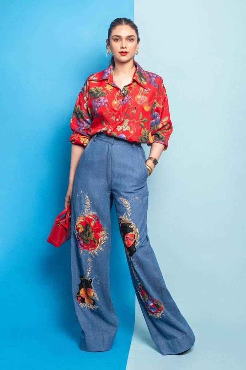 Buy Red crepe denim co ord set Designer Wear Ensemble