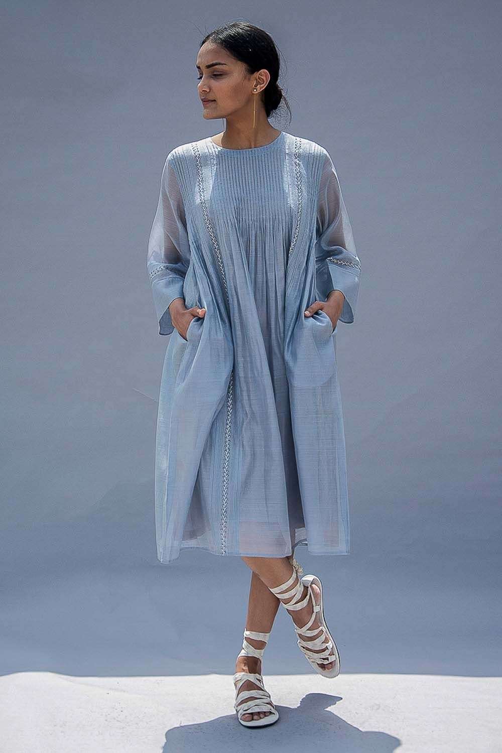 Buy SWGT Soft Blue Handwoven silk and cotton voile Hand embroidery