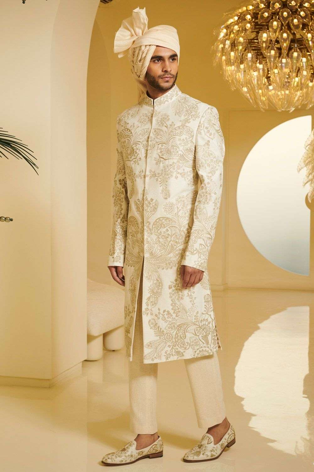 Ivory sherwani set with zari and resham work - Main Image