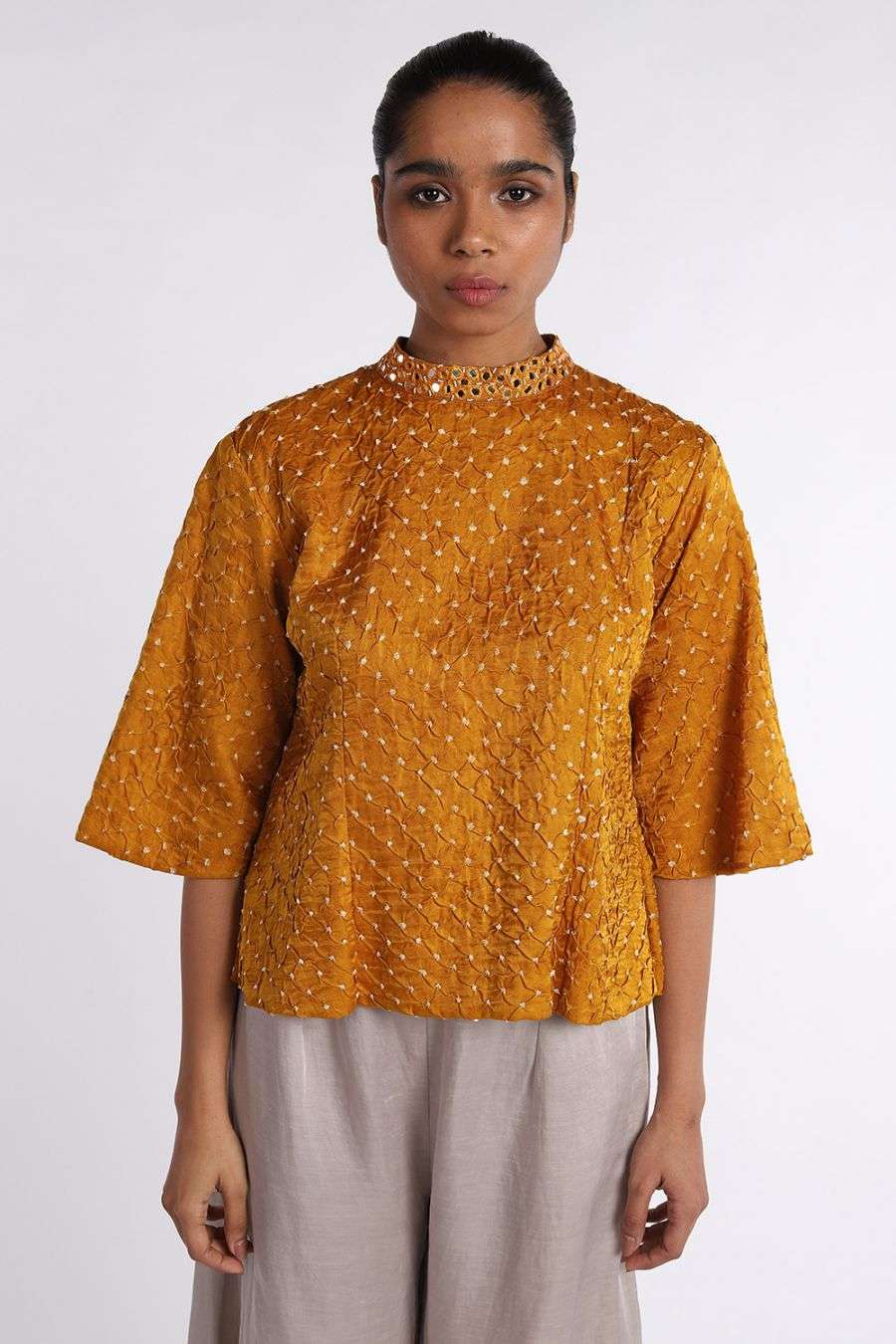 Buy Open Back Short Bandhani Top Designer Wear Ensemble