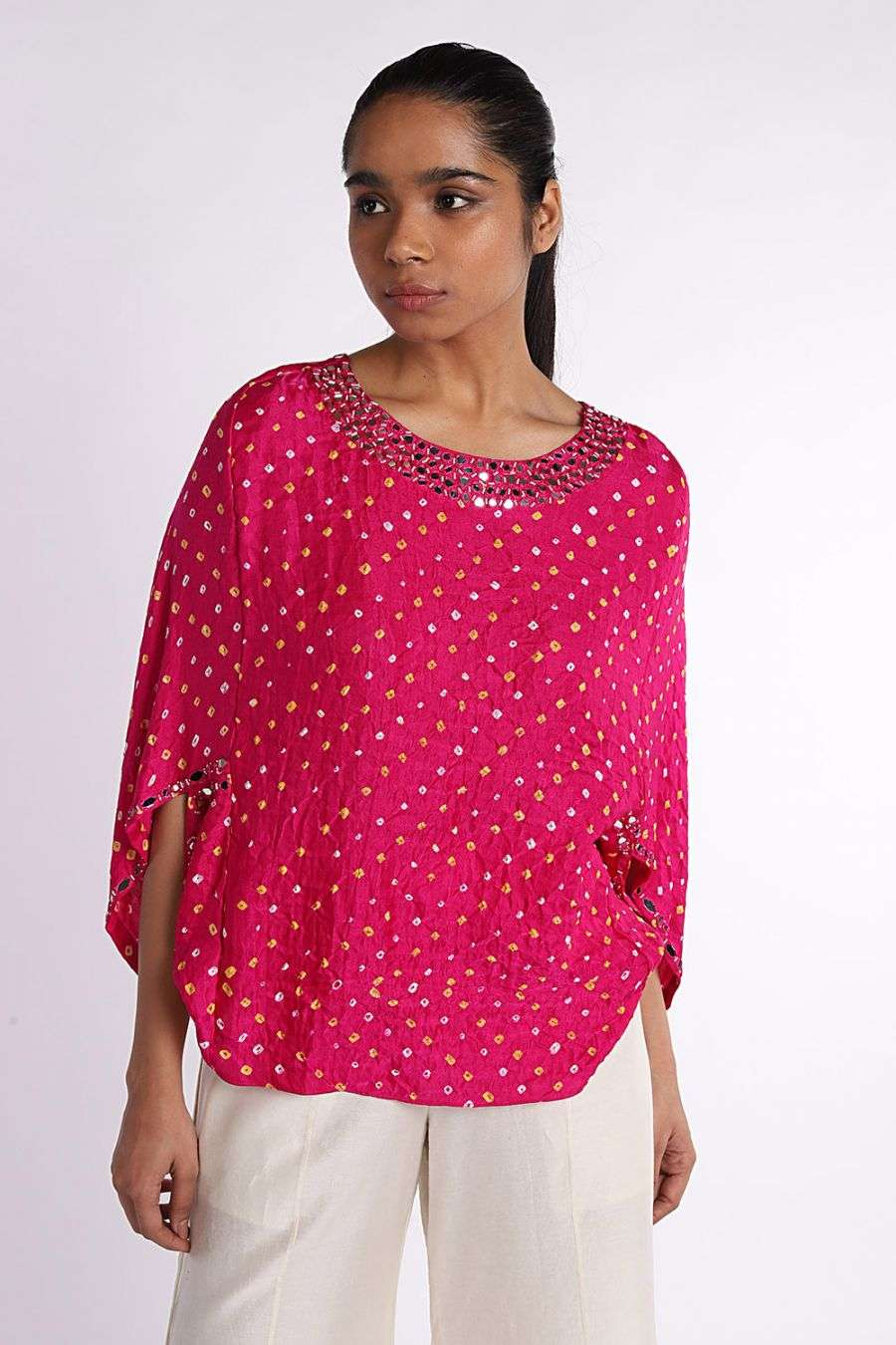 Buy Bandhani Slit Sleeve Top With Mirrorwork Designer Wear Ensemble
