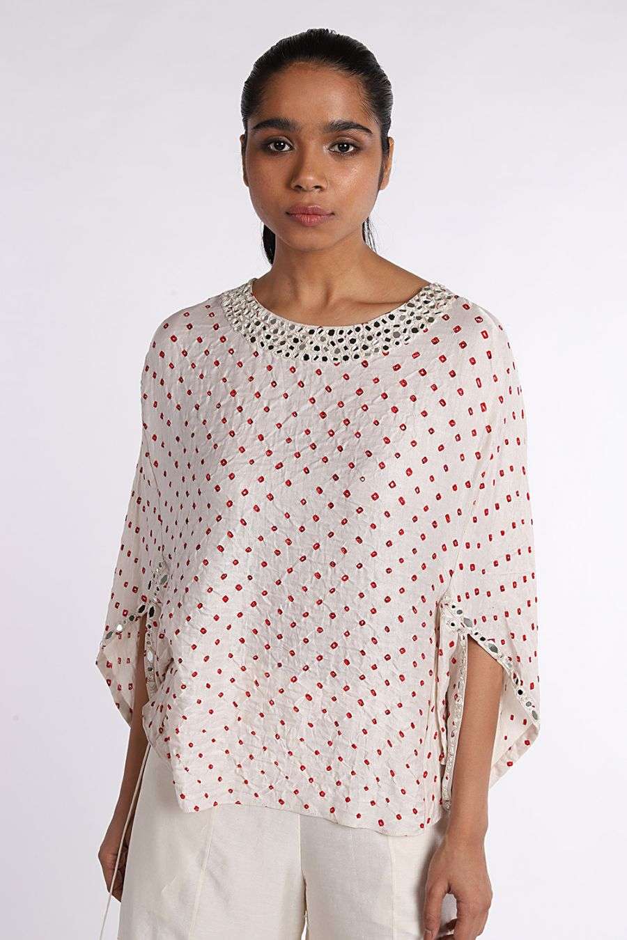 Buy Bandhani Slit Sleeve Top With Mirrorwork Designer Wear Ensemble