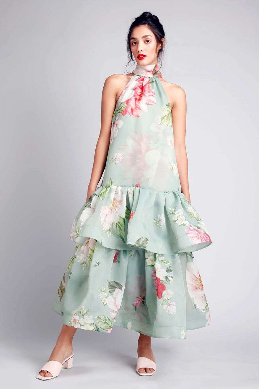Buy Halter neck tiered trapeze dress 