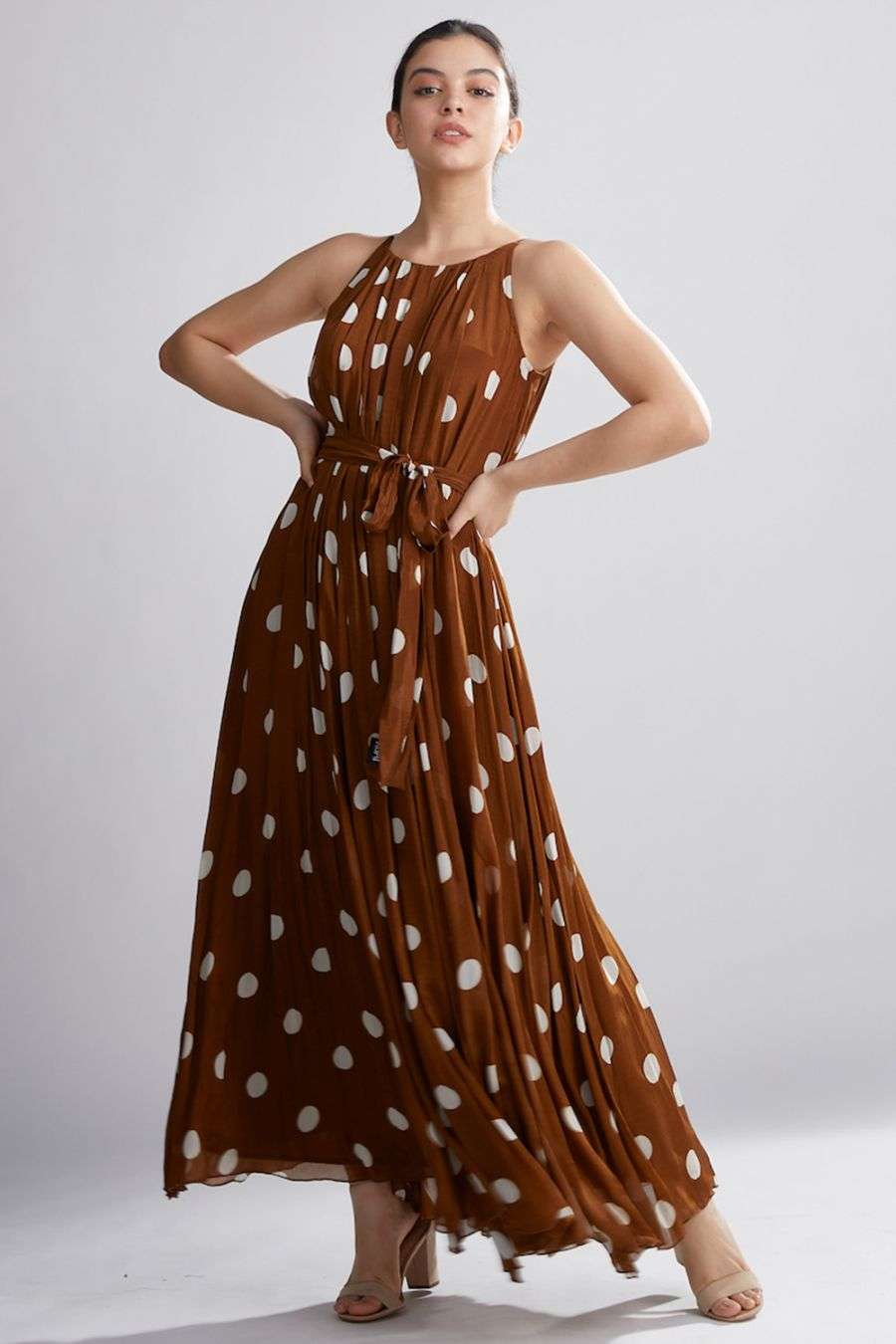 Buy Brown and cream polka pleated maxi 