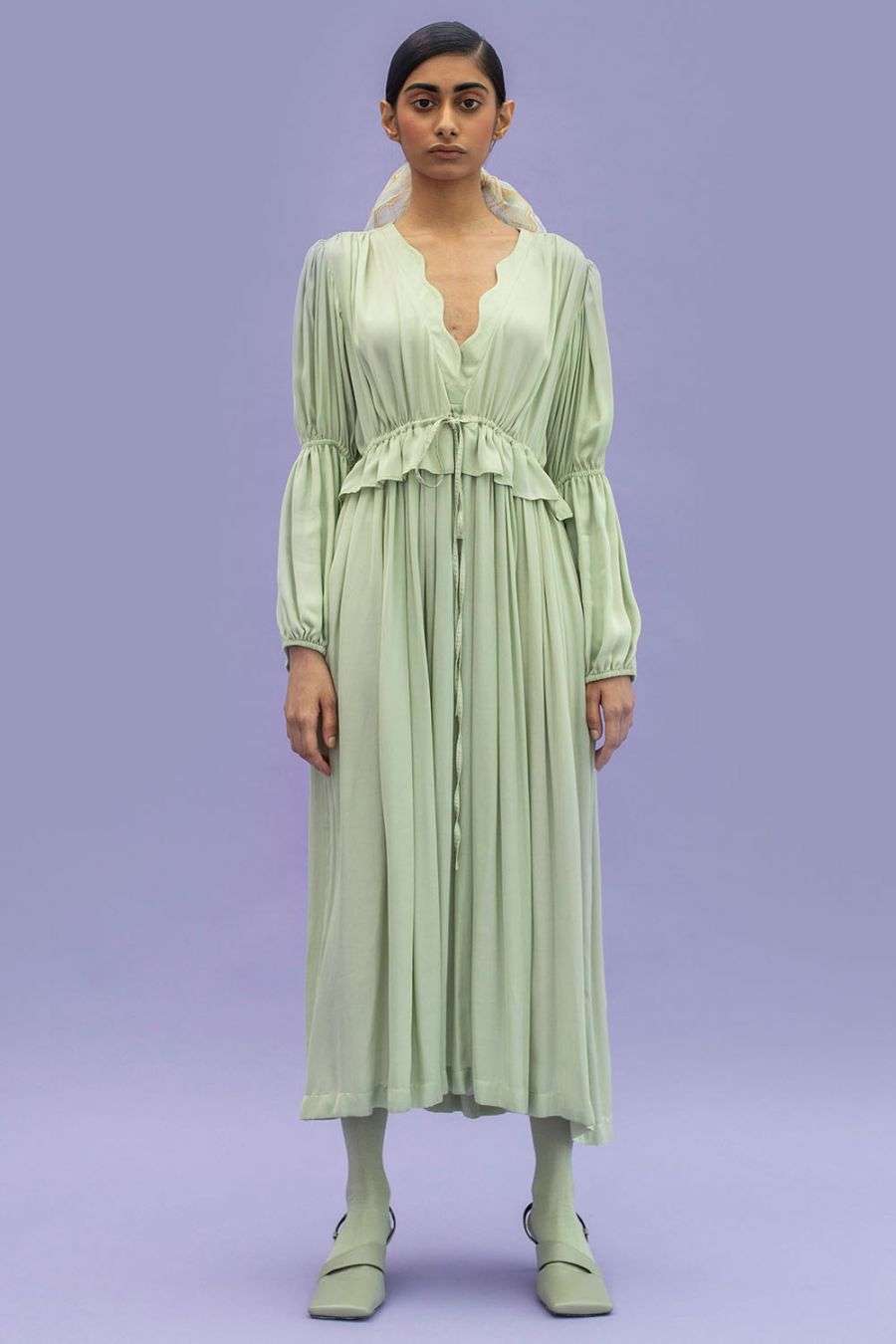 sage green tea length dress