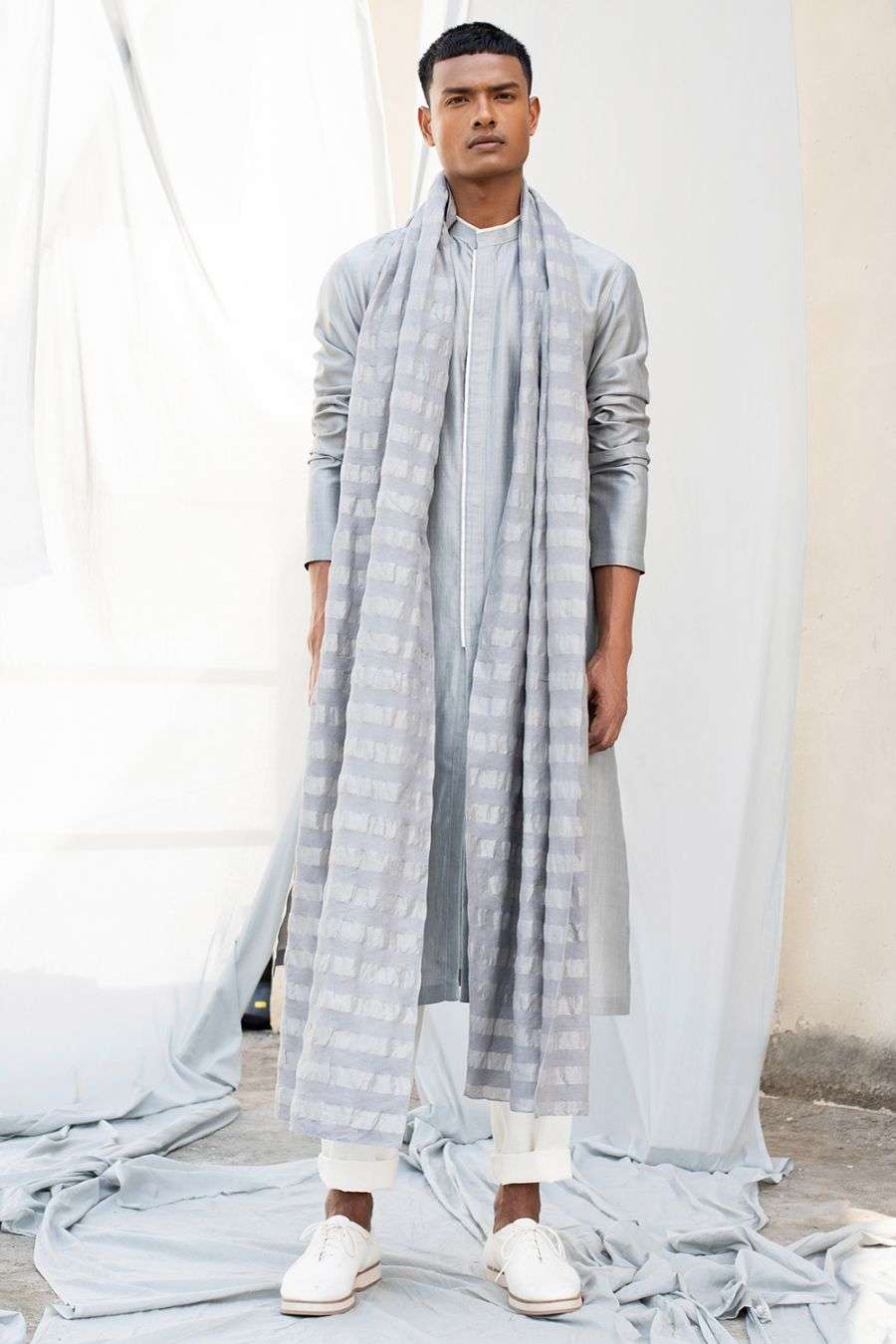 Buy Light Grey Striped Scarf Designer Wear Ensemble ensemble