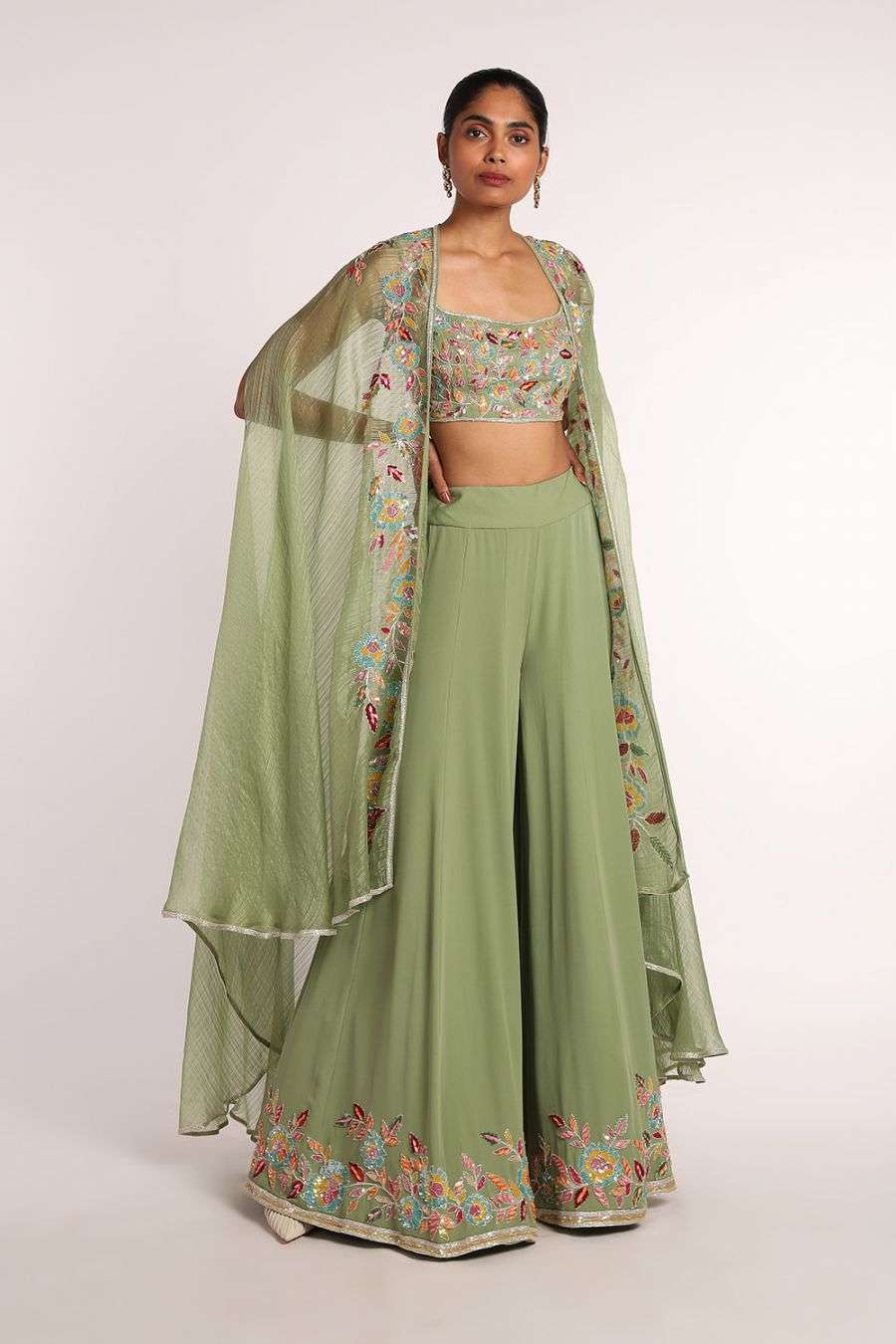 Buy Sage Green Sharara And Kurta With Cape Designer Wear Ensemble Trails and his signature sequins were the key elements of his collection. sage green sharara and kurta with cape