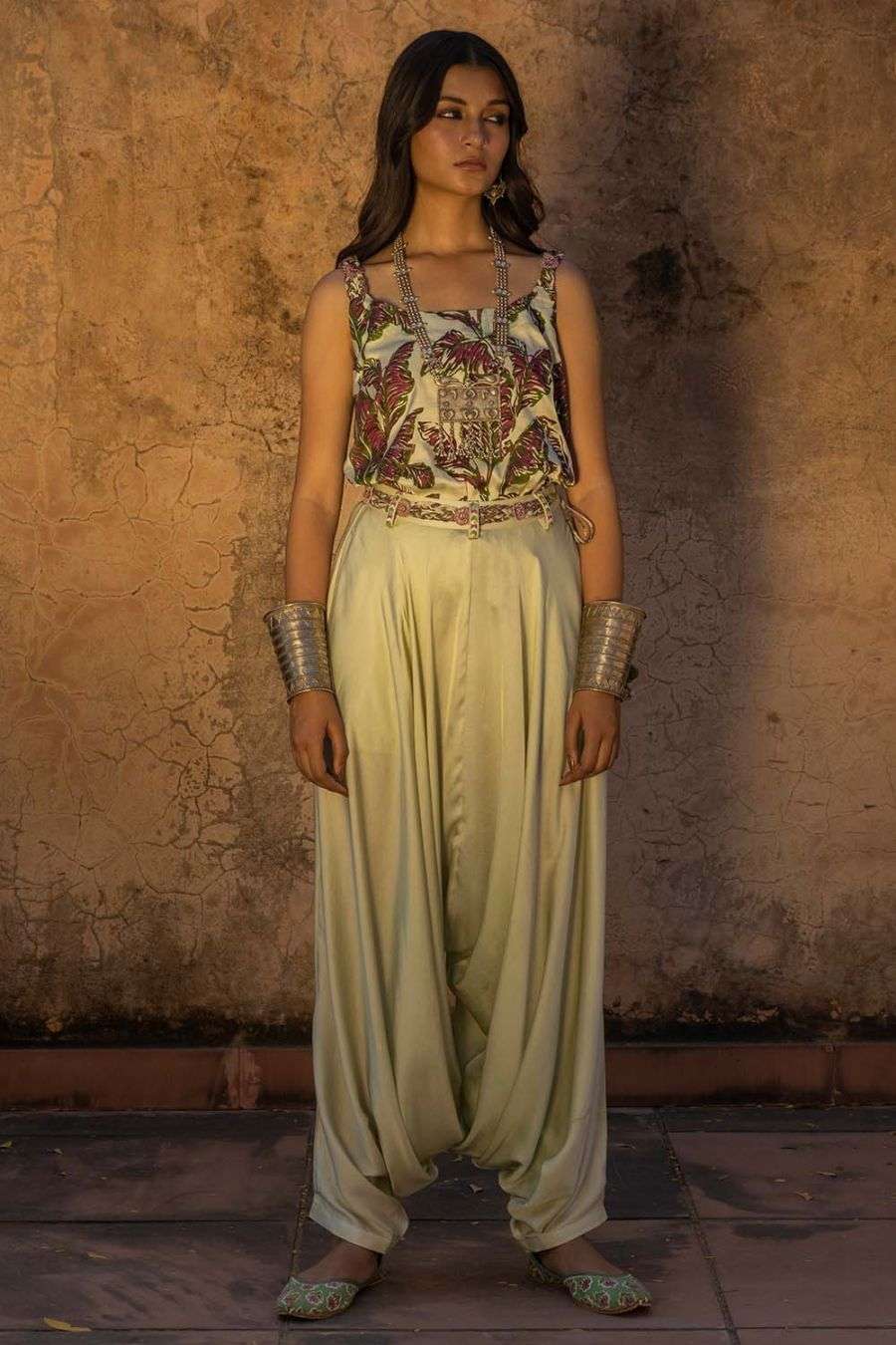 Buy Printed top with ivory dhoti pants 