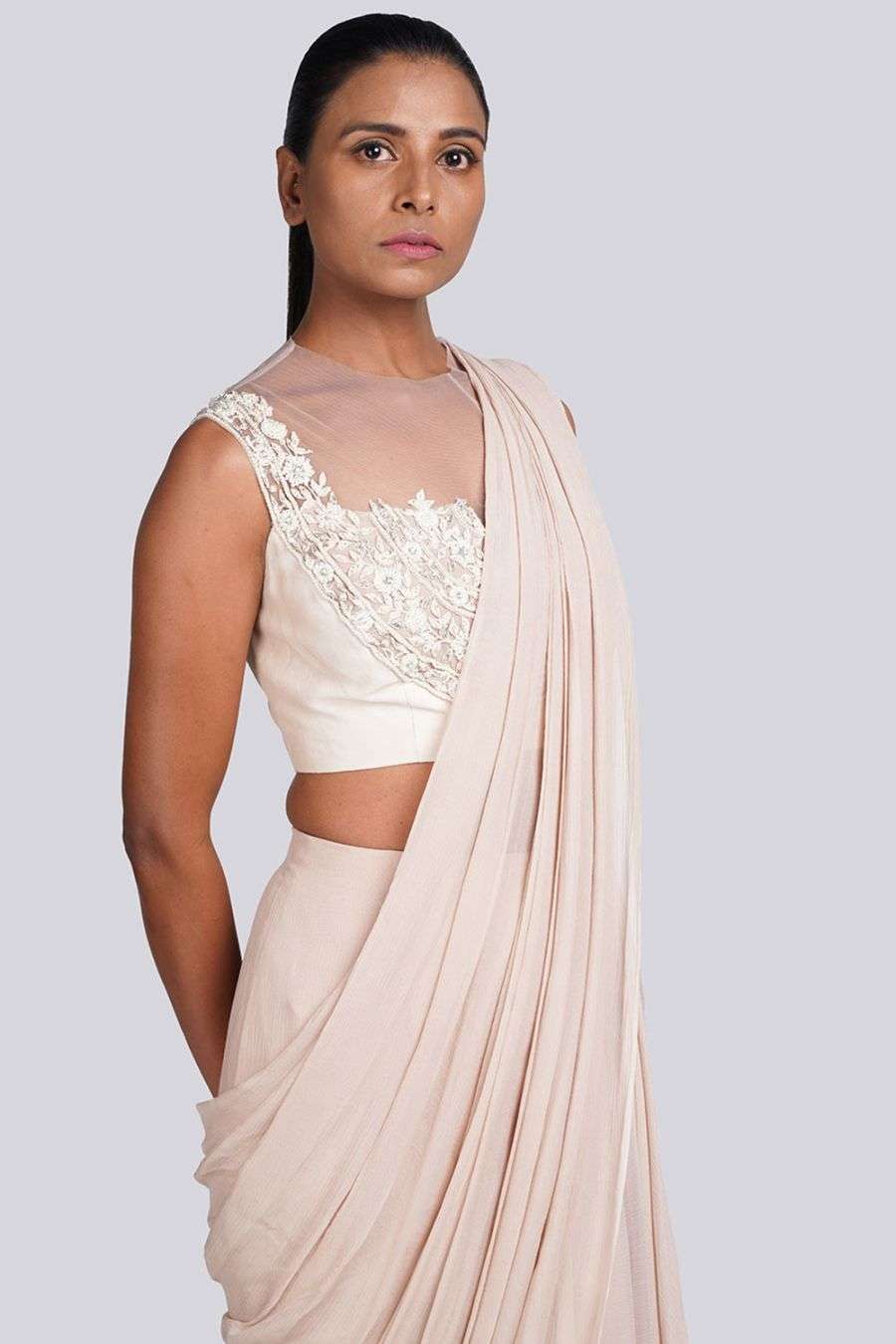 Buy Champagne gold draped sari with 