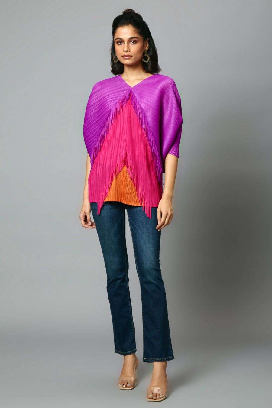 Buy Puple Orange Kimono Fringe Top Designer Wear Ensemble