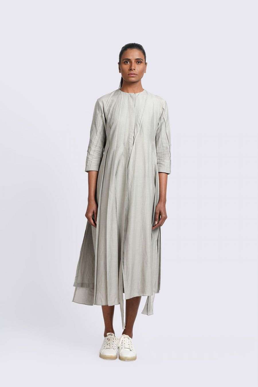 Buy Cotton silk dress in grey -Designer 