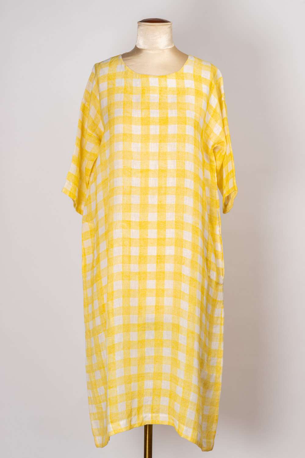 white and yellow checkered dress