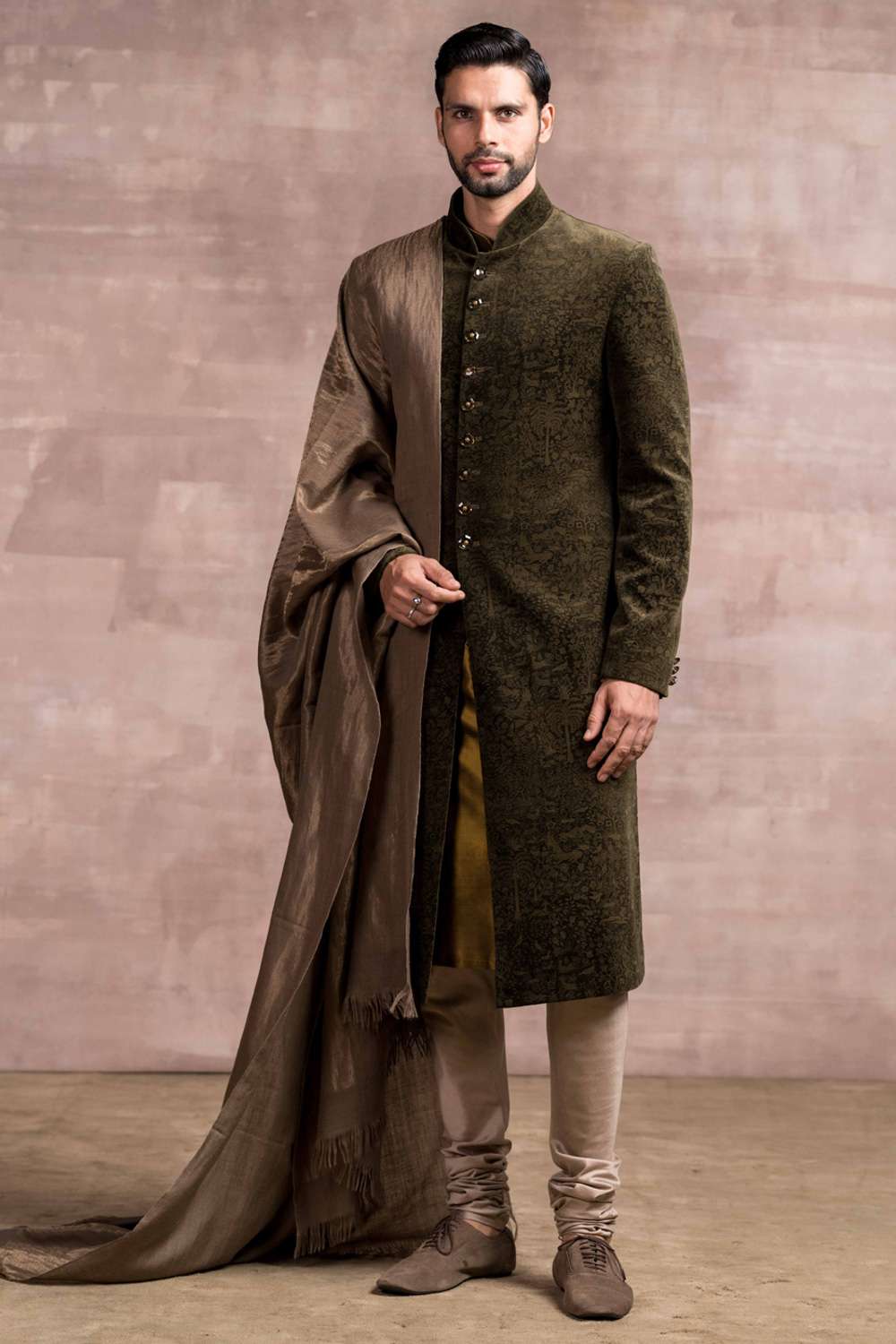 Emerald green cotton velvet sherwani set