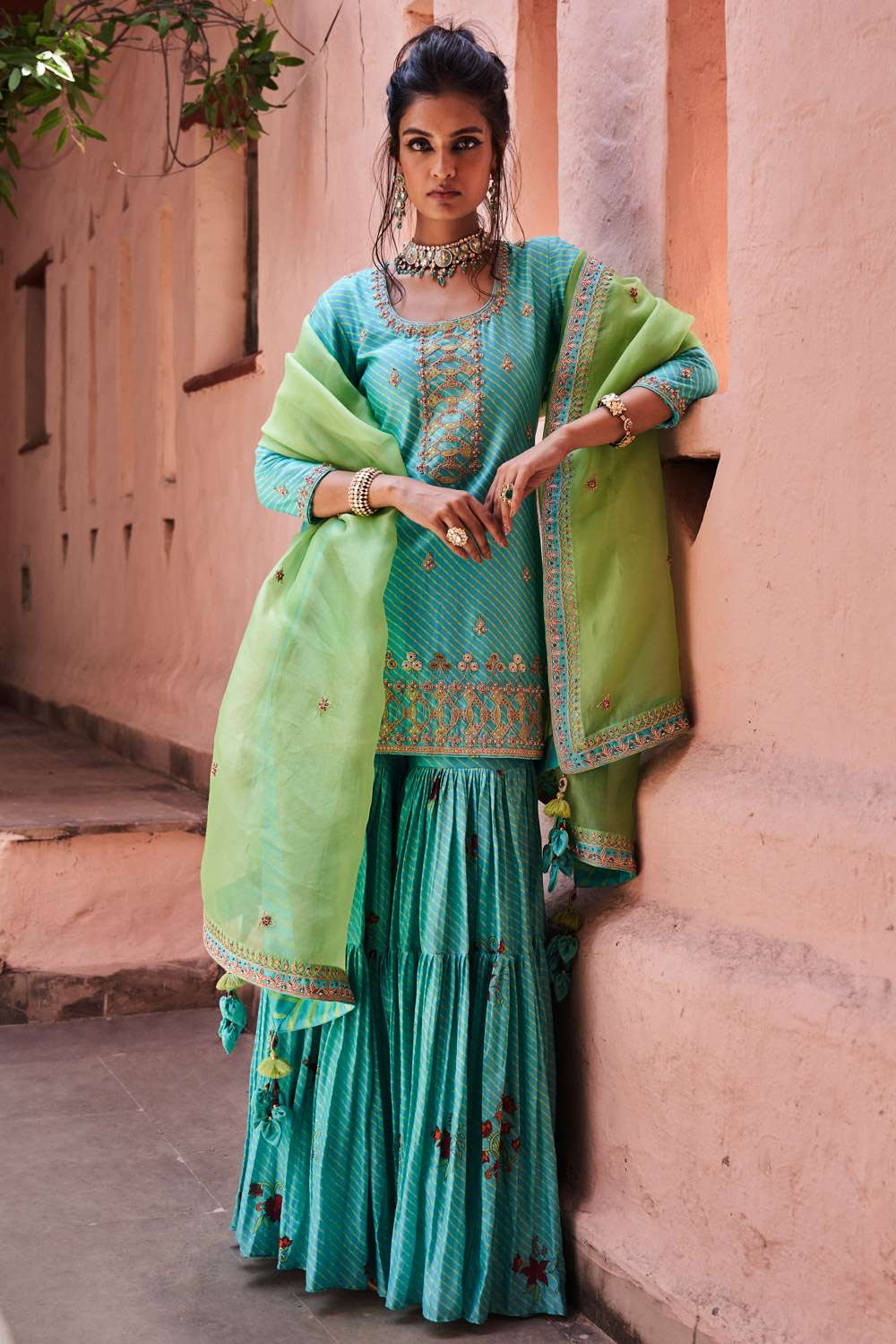 Buy Turquoise silk chanderi gharara set -Designer Wear - Ensemble