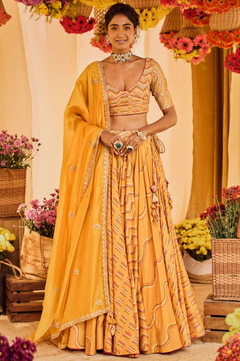 Buy Mustard bandhani printed lehenga set Designer Wear Ensemble