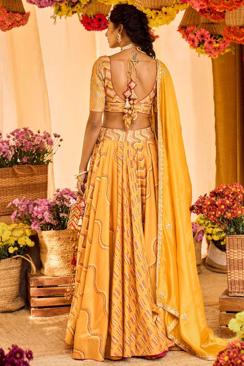 Buy Mustard bandhani printed lehenga set Designer Wear Ensemble