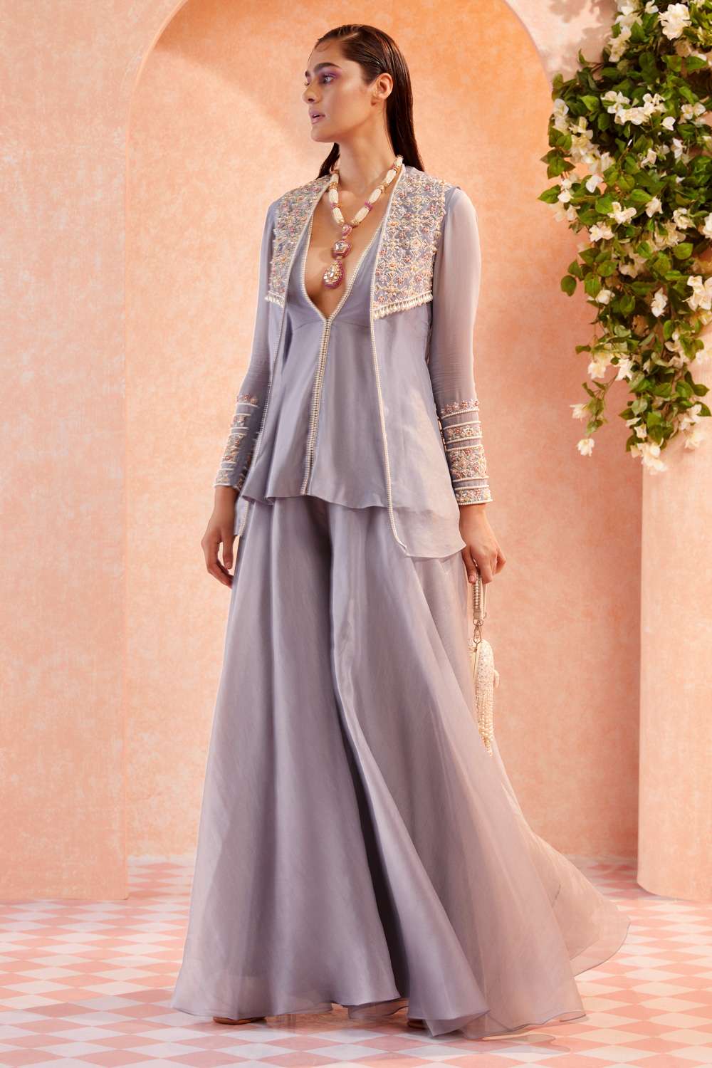 Buy Ridhi Mehra Soft Grey Peplum- Georgette Jacket- Organza