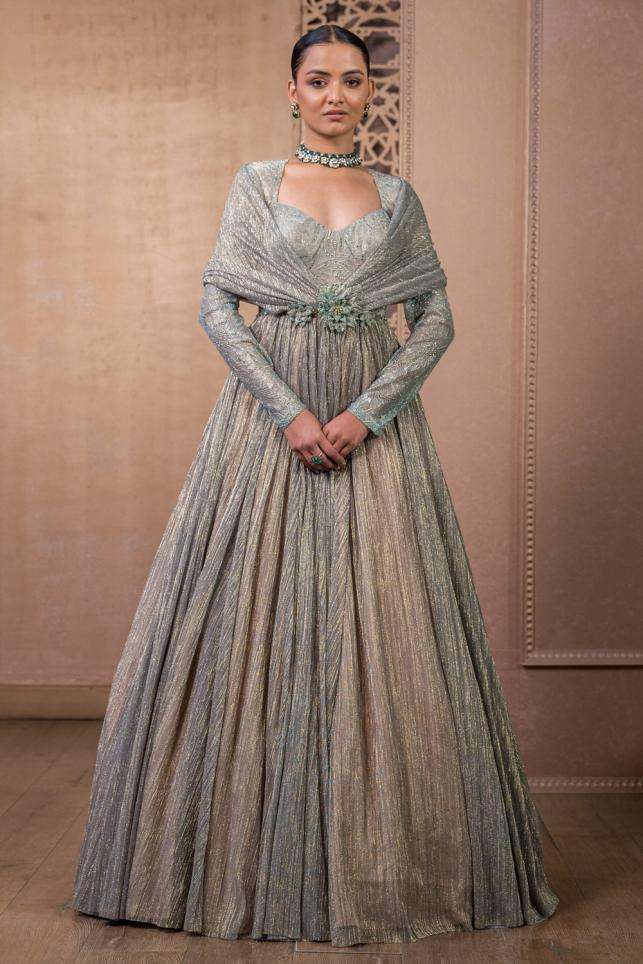 Buy Tarun Tahiliani Soft Gold Corset : Crinkle Tulle ,Skirt