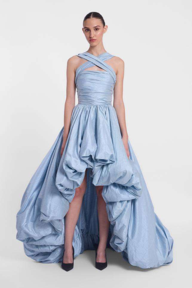 TARUN TAHILIANI シルク トップス Buy Tarun Tahiliani Soft Blue Crinkle Tulle , Lace Fabric Gowns