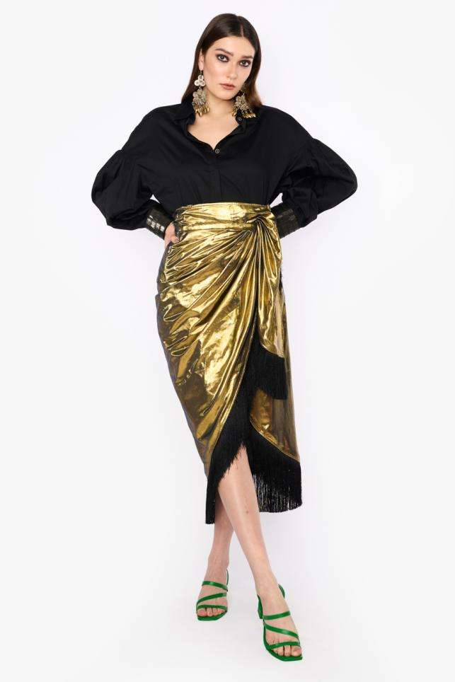 Buy Heirloom by Rara Avis Soft Gold Skirt- Blended Silk Dabka