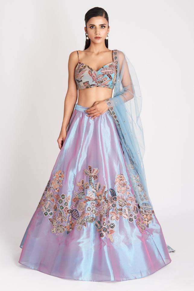 Buy Aisha Rao Soft Blue Tissue, Tulle Lehengas