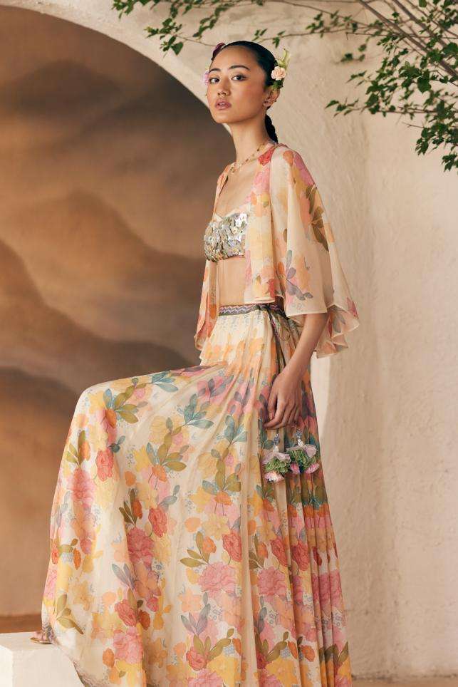 Buy Aseem Kapoor Soft Print Jacket - Sheer Silk Blouse - Net And