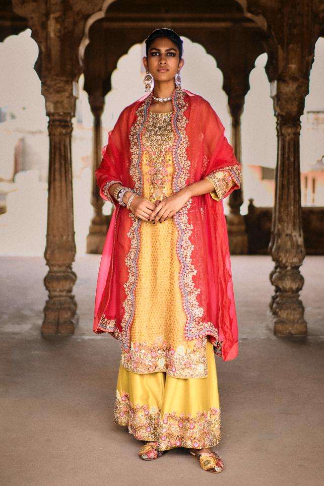 Buy AK-OK by Anamika Khanna Soft Yellow Silk Jacket Sets