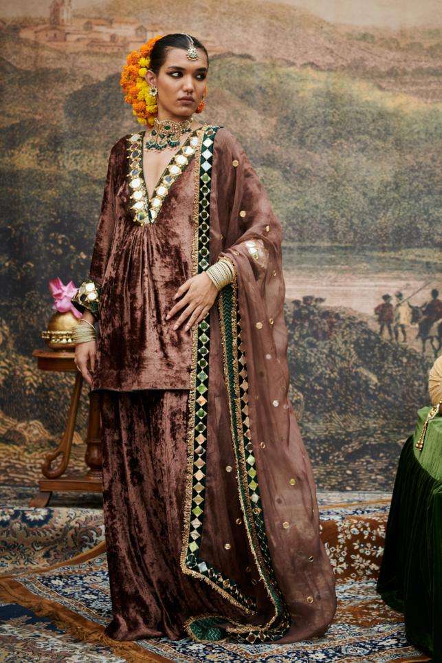 Brown Velvet-Organza Makhmal Khayal Suit Set