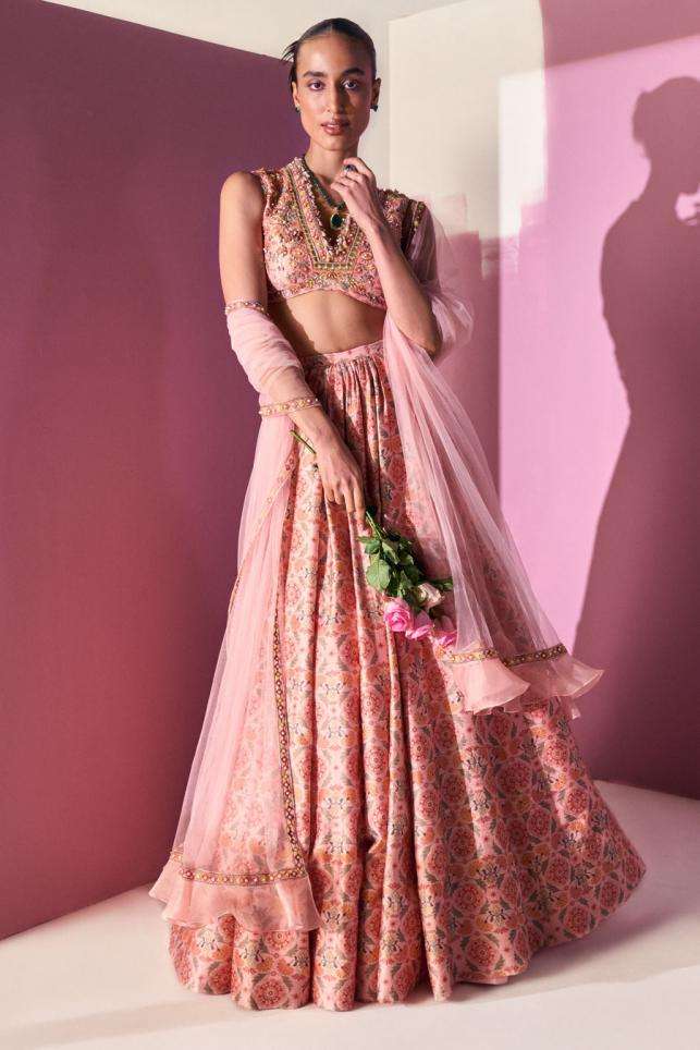 Peach Colour Organza Fabric Women Lehenga Choli.