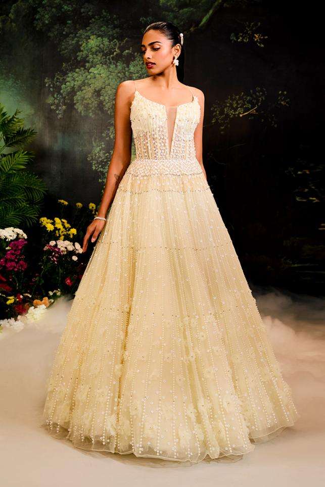 Buy Sharnita Nandwana Soft Ivory Tulle, Silk Gowns